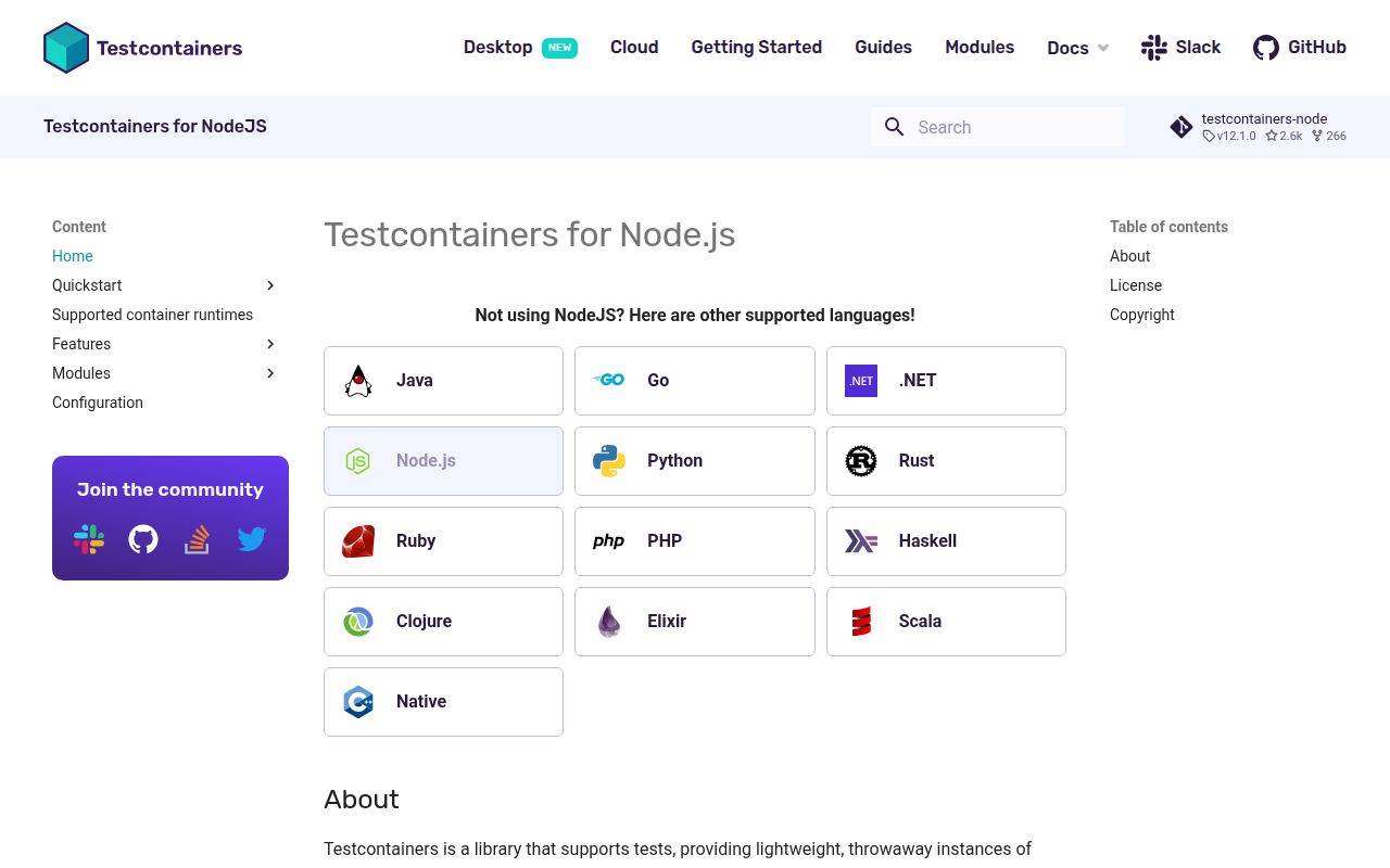 Screenshot of testcontainers documentation