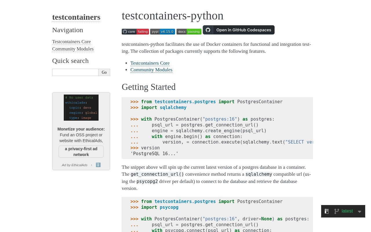 Screenshot of testcontainers documentation