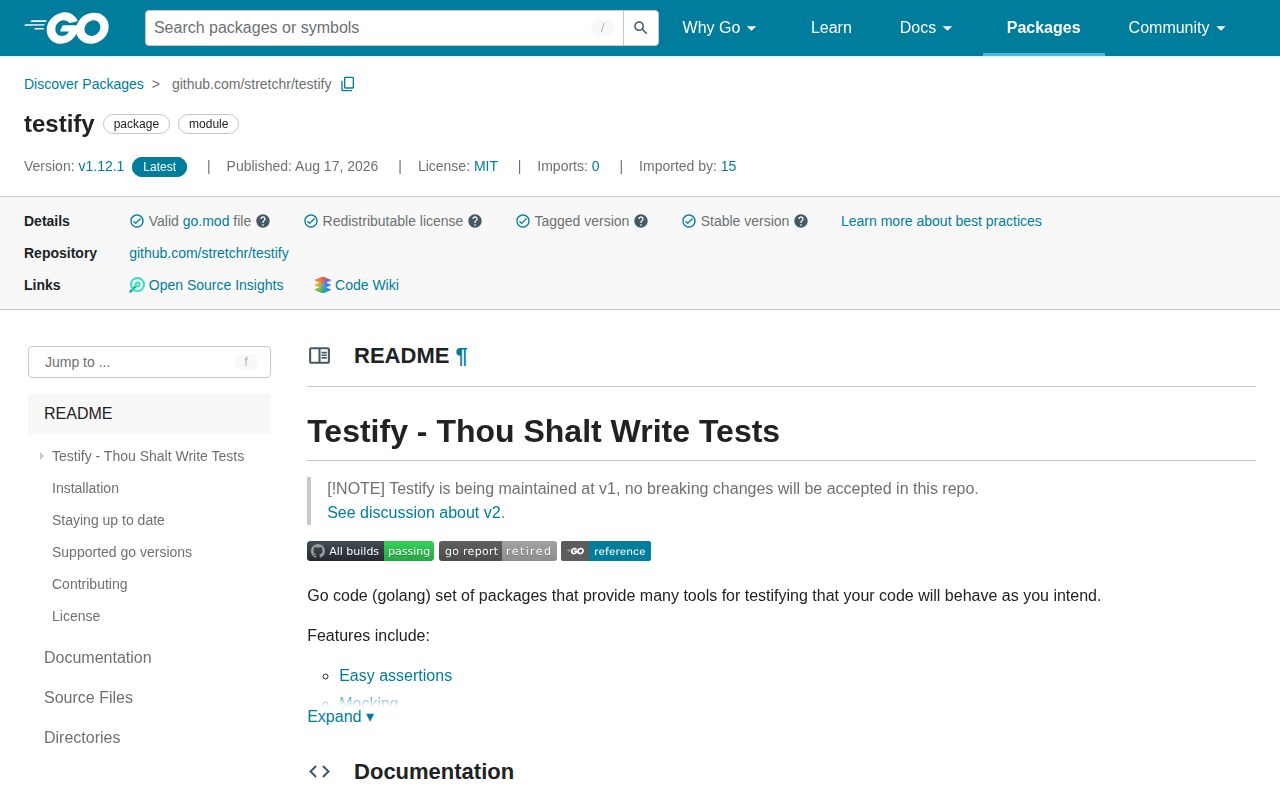 Screenshot of testify (pkg.go.dev/github.com/stretchr/testify)