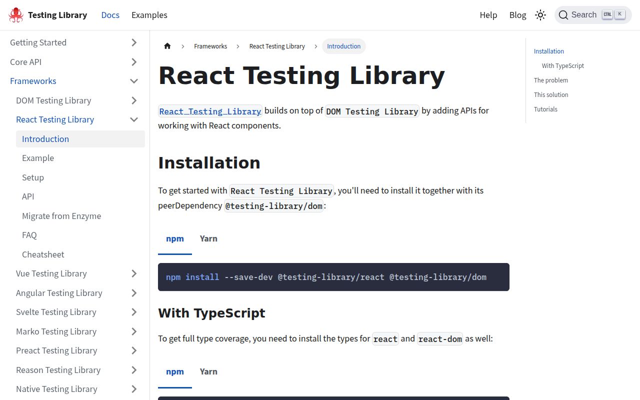 Screenshot of @testing-library/react documentation