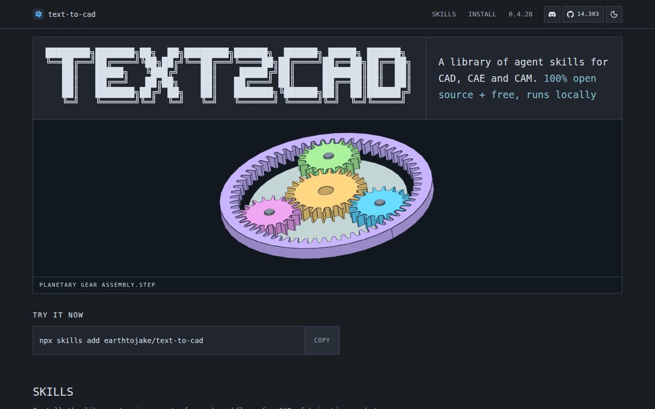 Screenshot of text-to-cad (www.texttocad.dev)