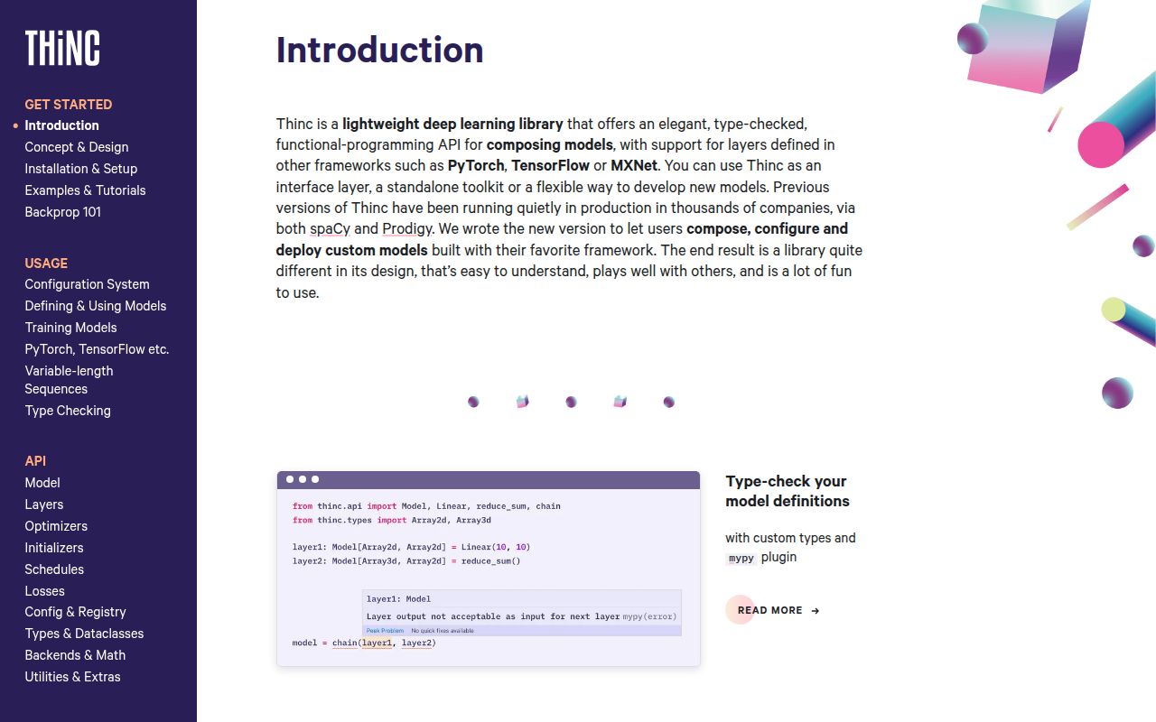 Screenshot of thinc documentation