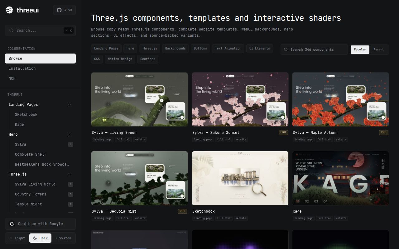 Screenshot of threeui (threeui.com)
