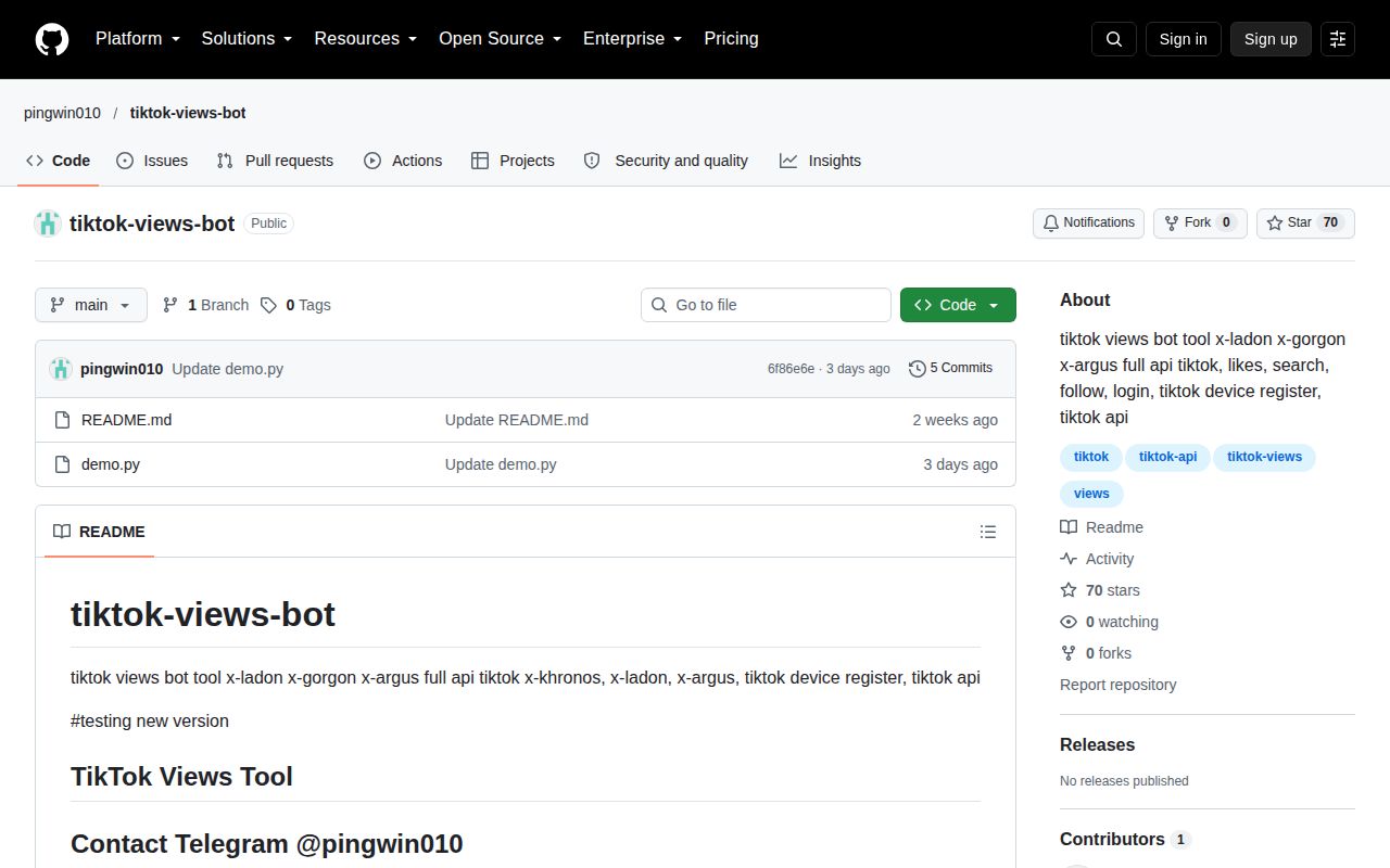 Screenshot of tiktok-views-bot (github.com/pingwin010/tiktok-views-bot)