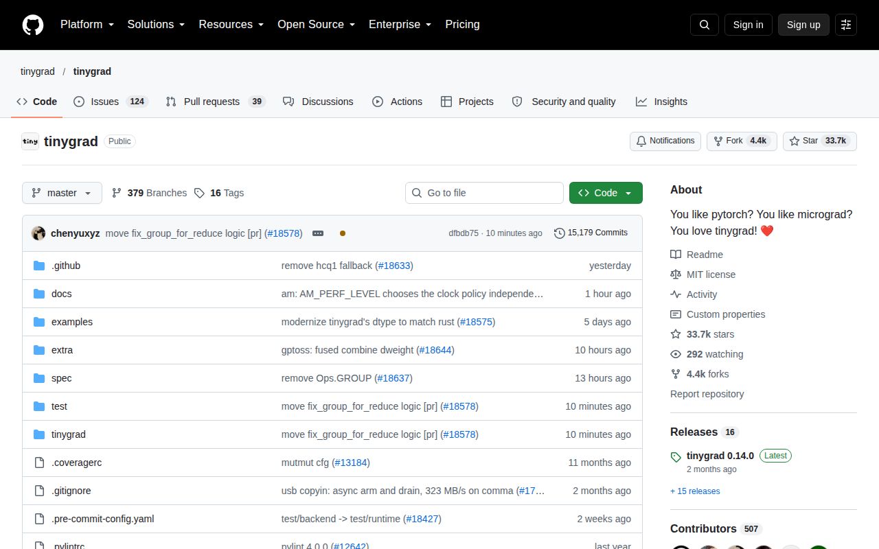 Screenshot of tinygrad (github.com/tinygrad/tinygrad)