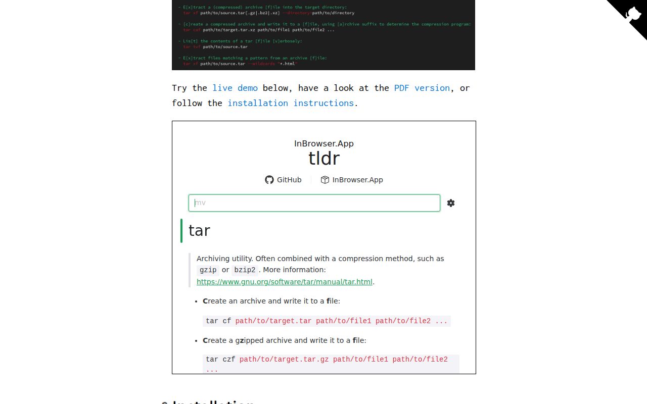 Screenshot of tldr (tldr.sh)
