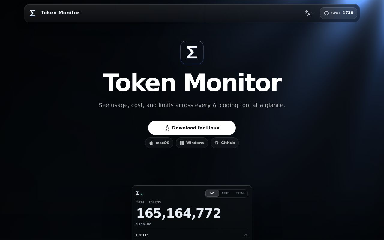 Screenshot of token-monitor (javis-ai.com/token-monitor)