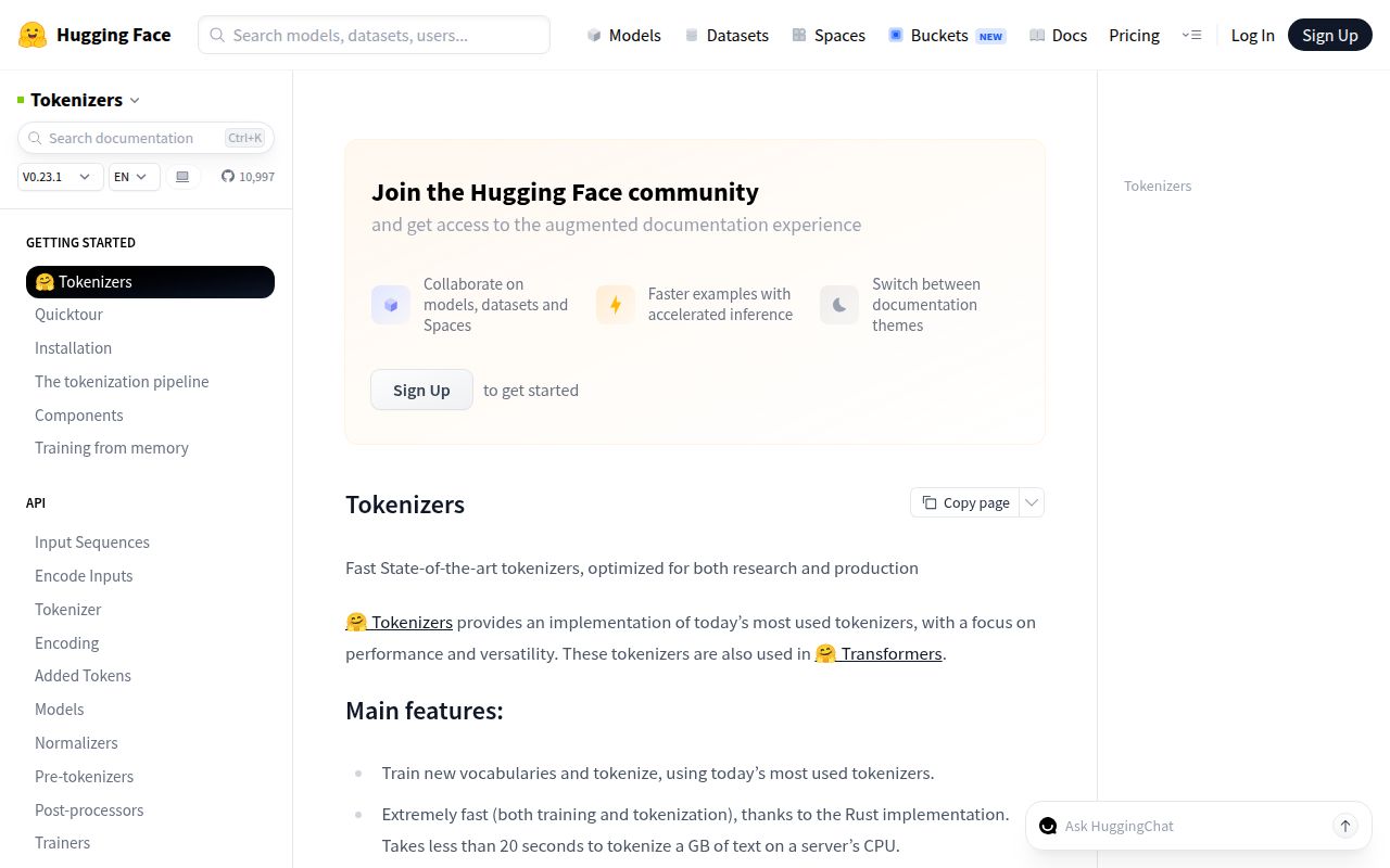 Screenshot of tokenizers documentation