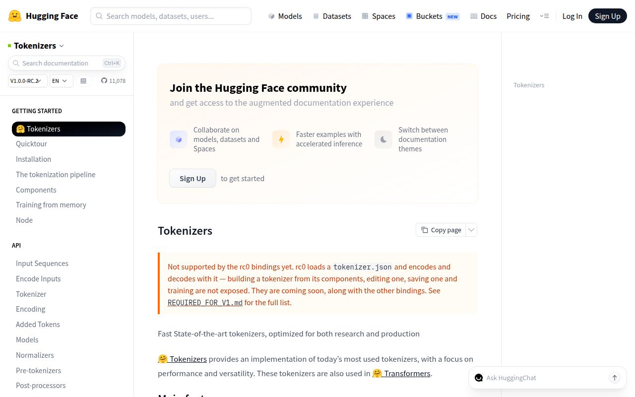 Screenshot of tokenizers (huggingface.co/docs/tokenizers)