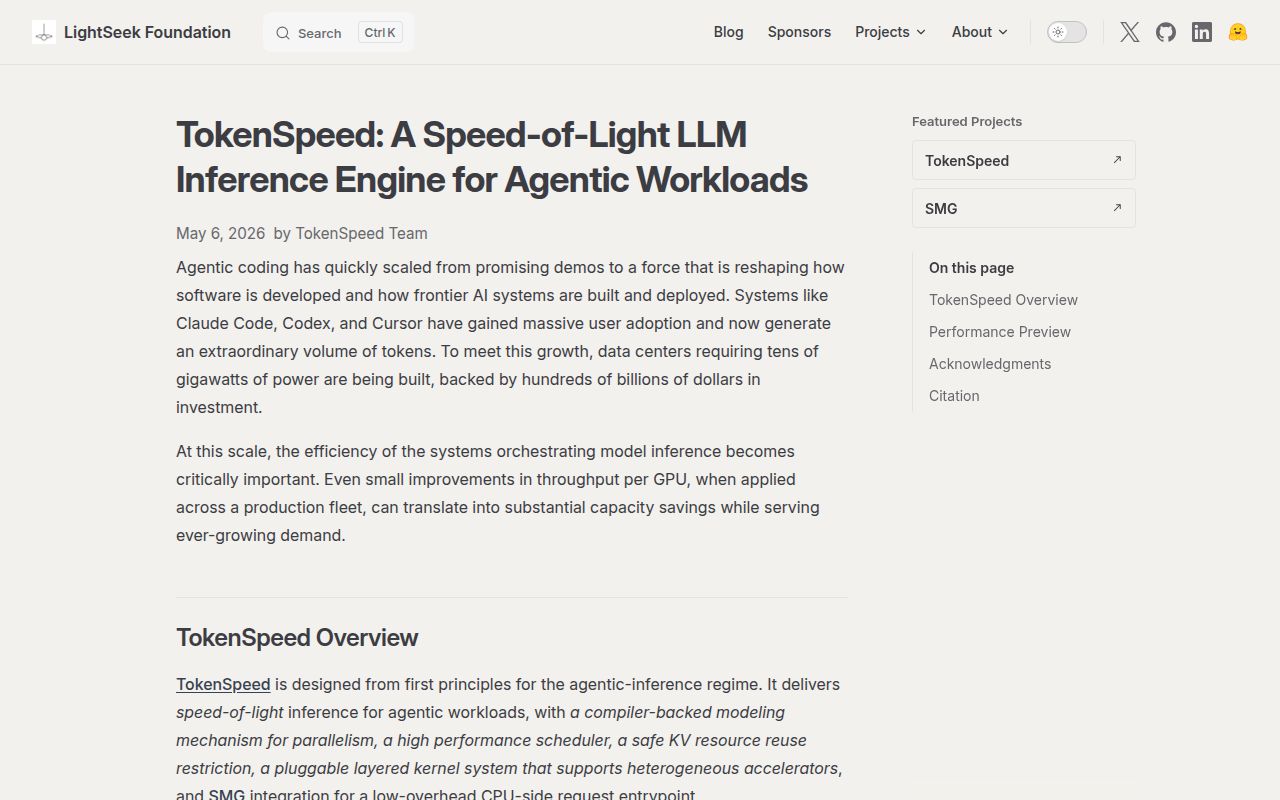 Screenshot of tokenspeed (lightseek.org/blog/lightseek-tokenspeed.html)