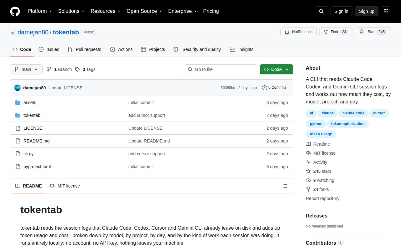 Screenshot of tokentab (github.com/damejan80/tokentab)