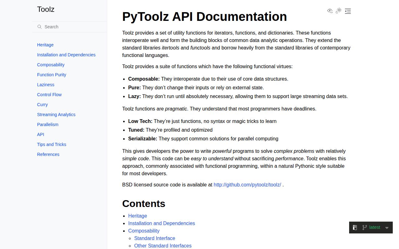 Screenshot of toolz documentation