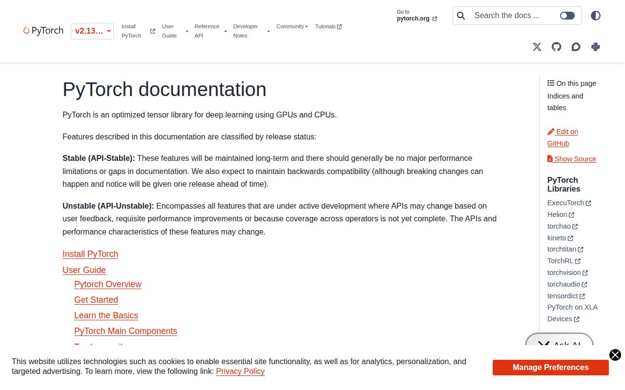 Screenshot of torch documentation