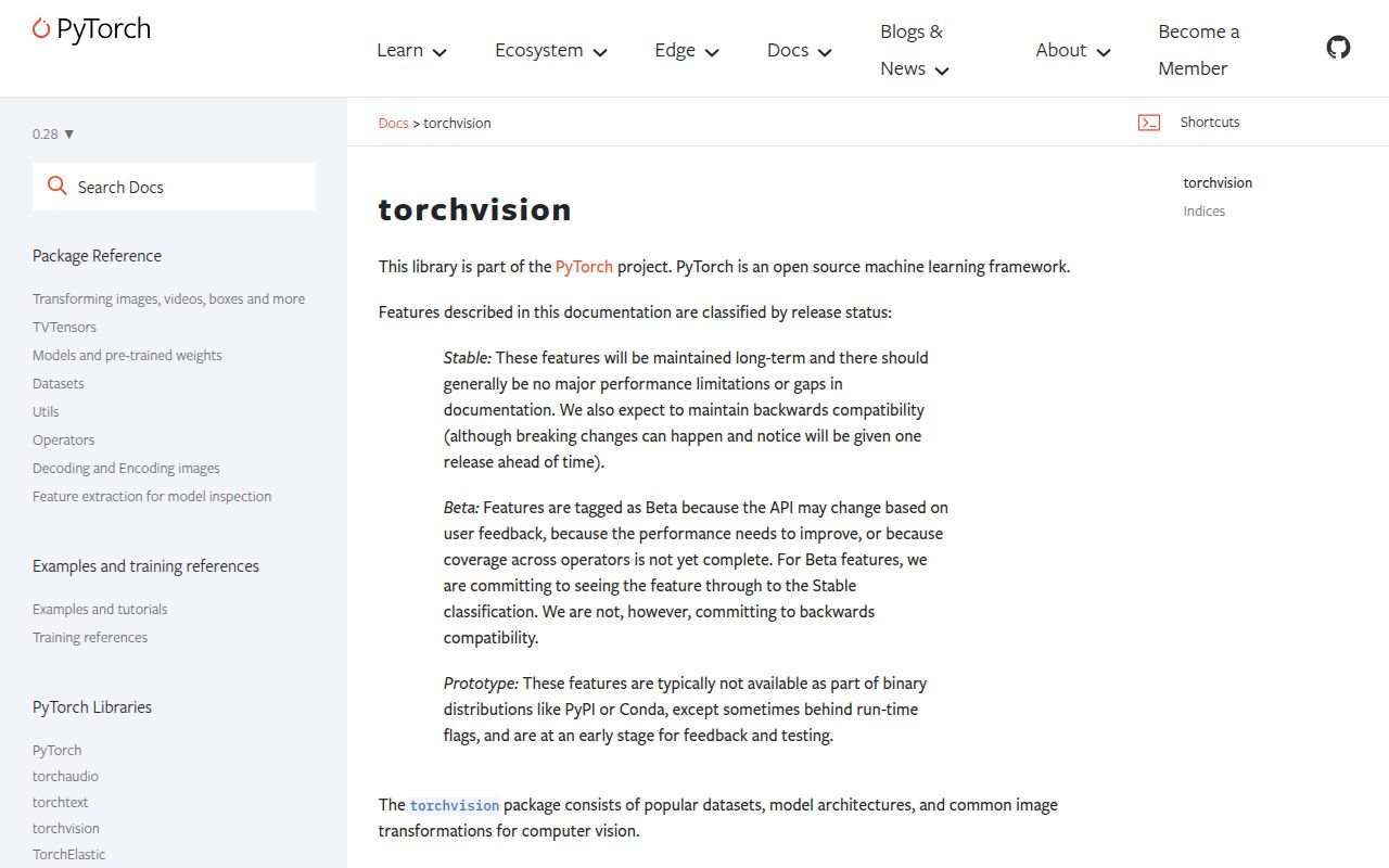 Screenshot of torchvision documentation