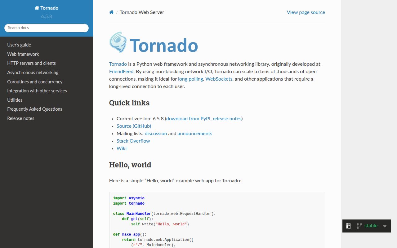 Screenshot of tornado documentation