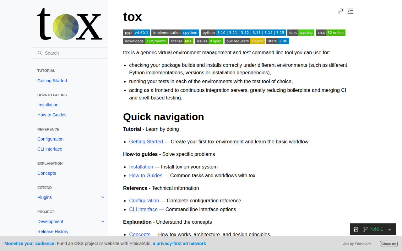 Screenshot of tox documentation