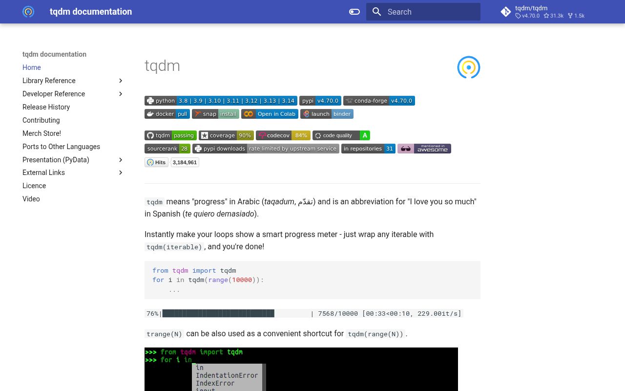 Screenshot of tqdm documentation