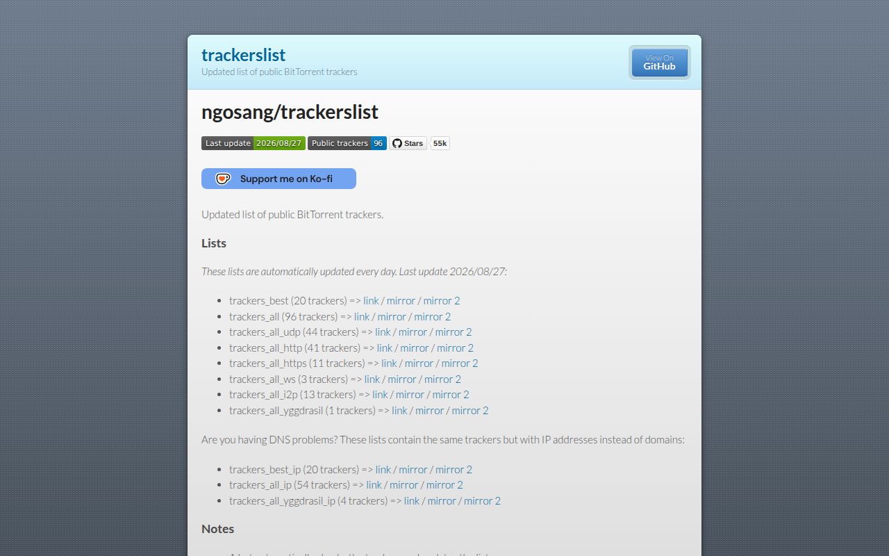 Screenshot of trackerslist (ngosang.github.io/trackerslist)