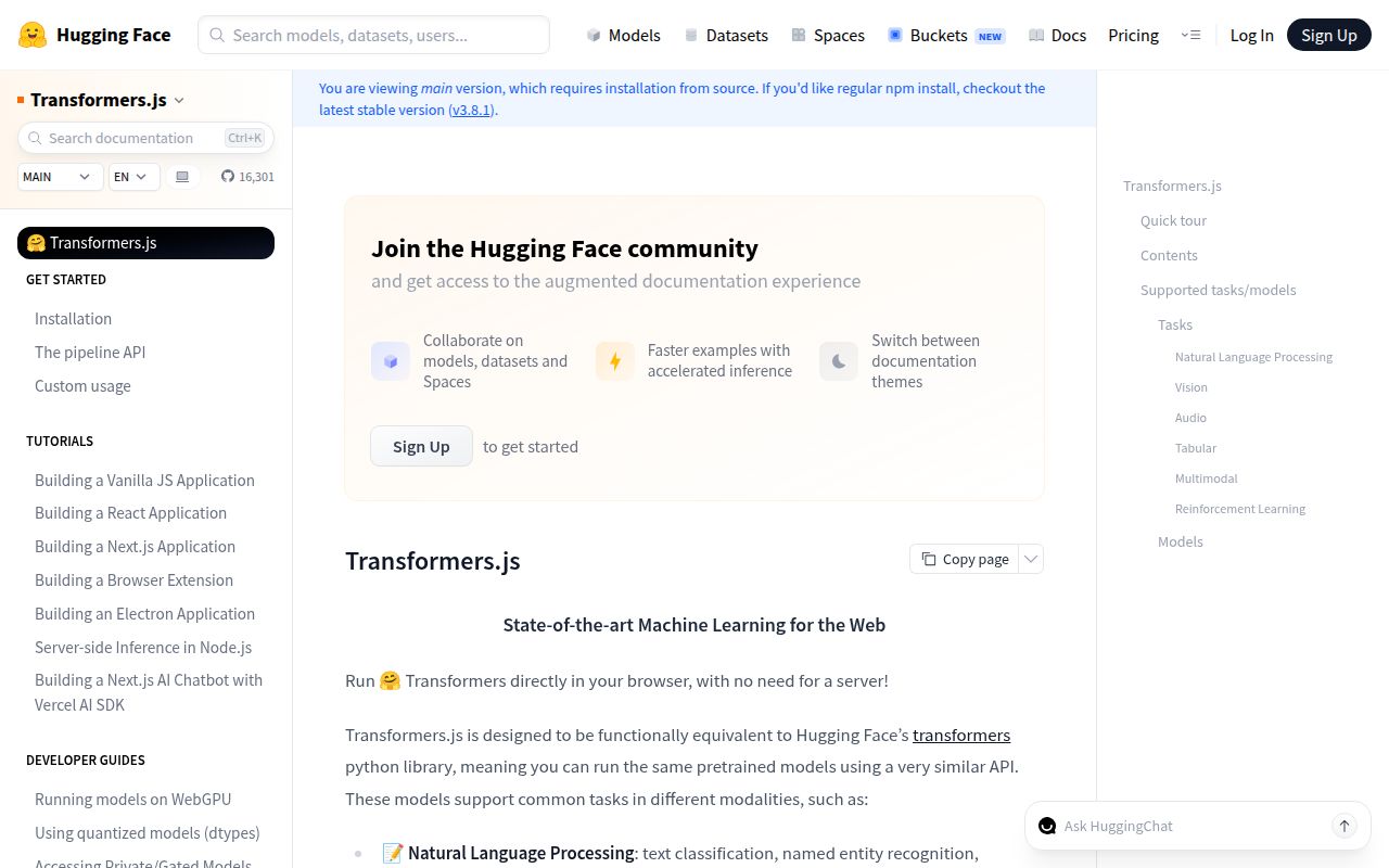 Screenshot of transformers.js (huggingface.co/docs/transformers.js)