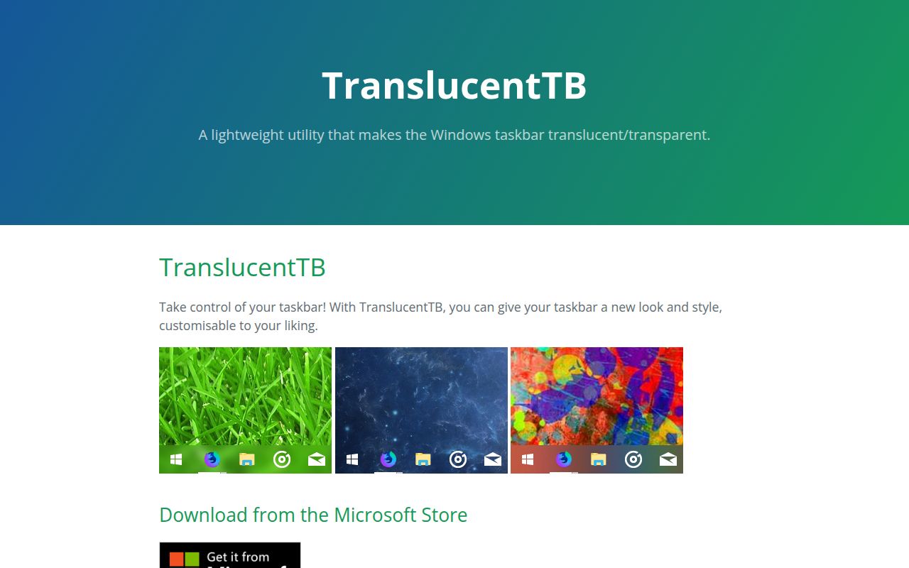 Screenshot of TranslucentTB (translucenttb.github.io)