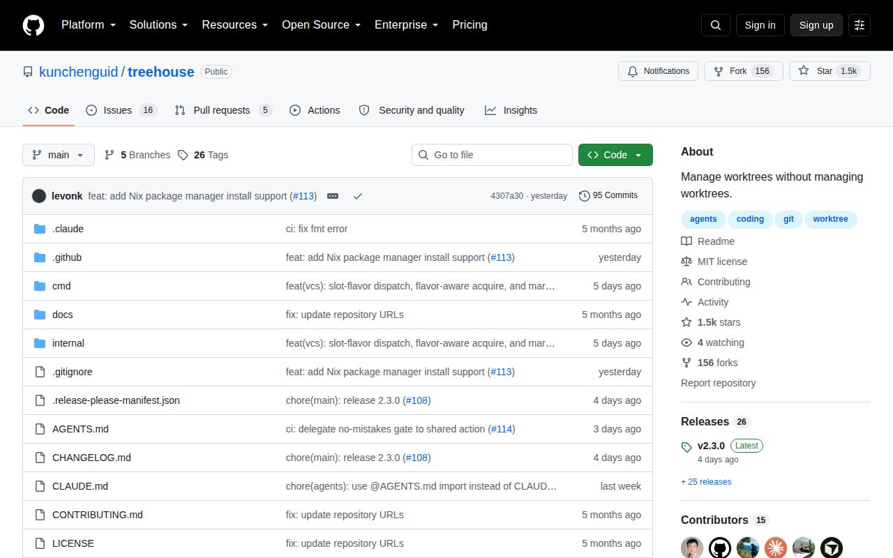 Screenshot of treehouse (github.com/kunchenguid/treehouse)