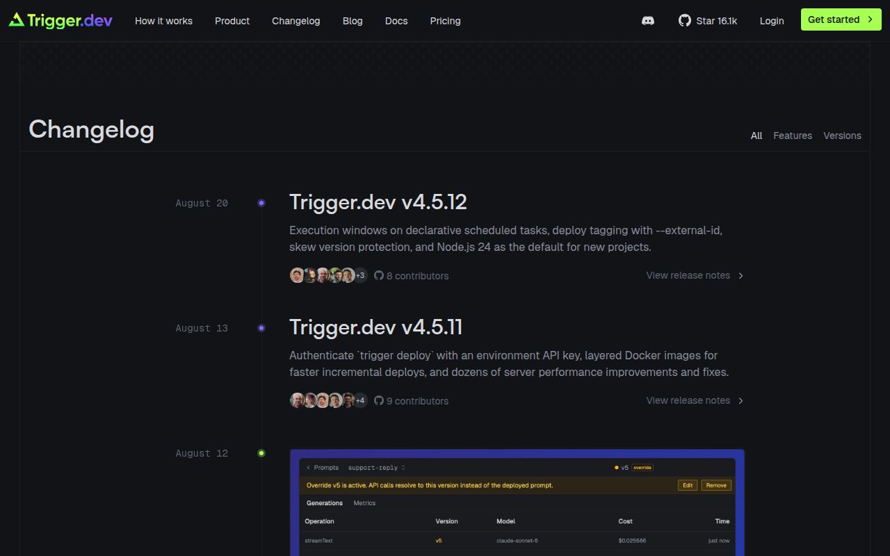Screenshot of trigger.dev (trigger.dev/changelog)