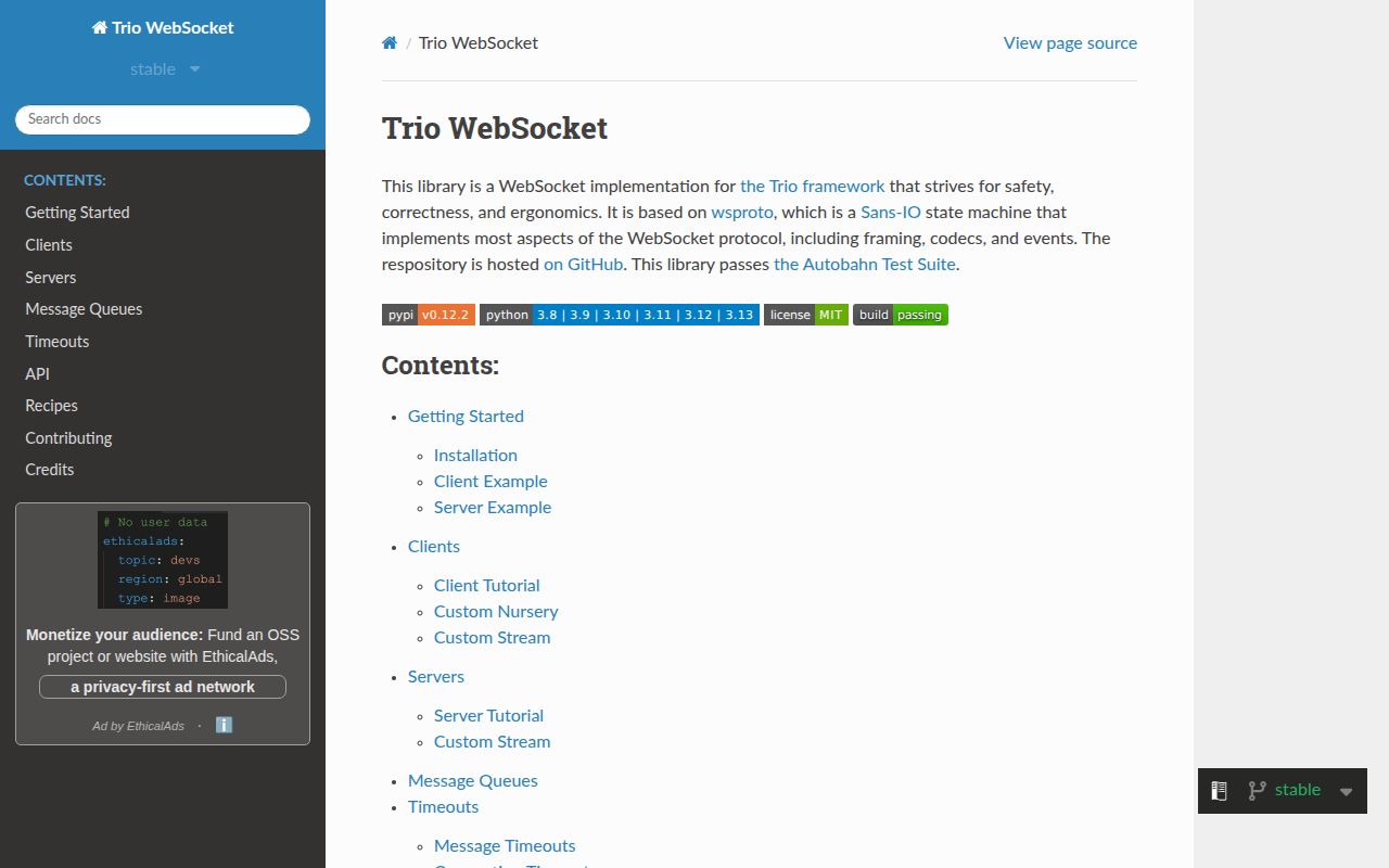Screenshot of trio-websocket documentation