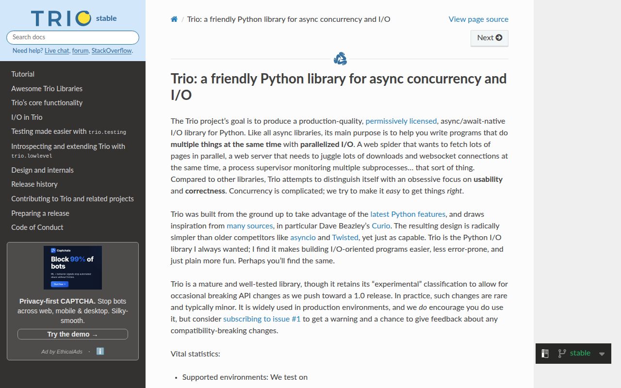 Screenshot of trio documentation
