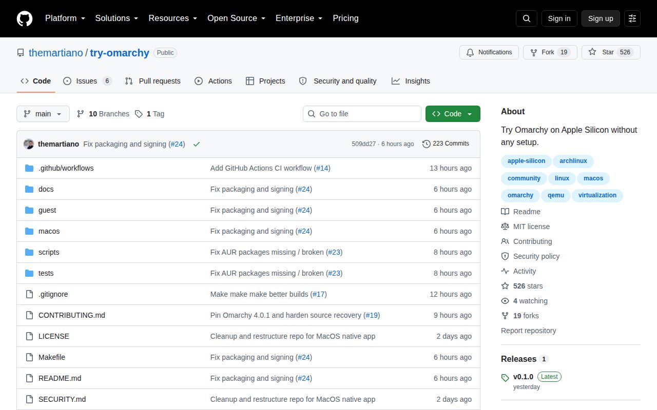 Screenshot of try-omarchy (github.com/themartiano/try-omarchy)