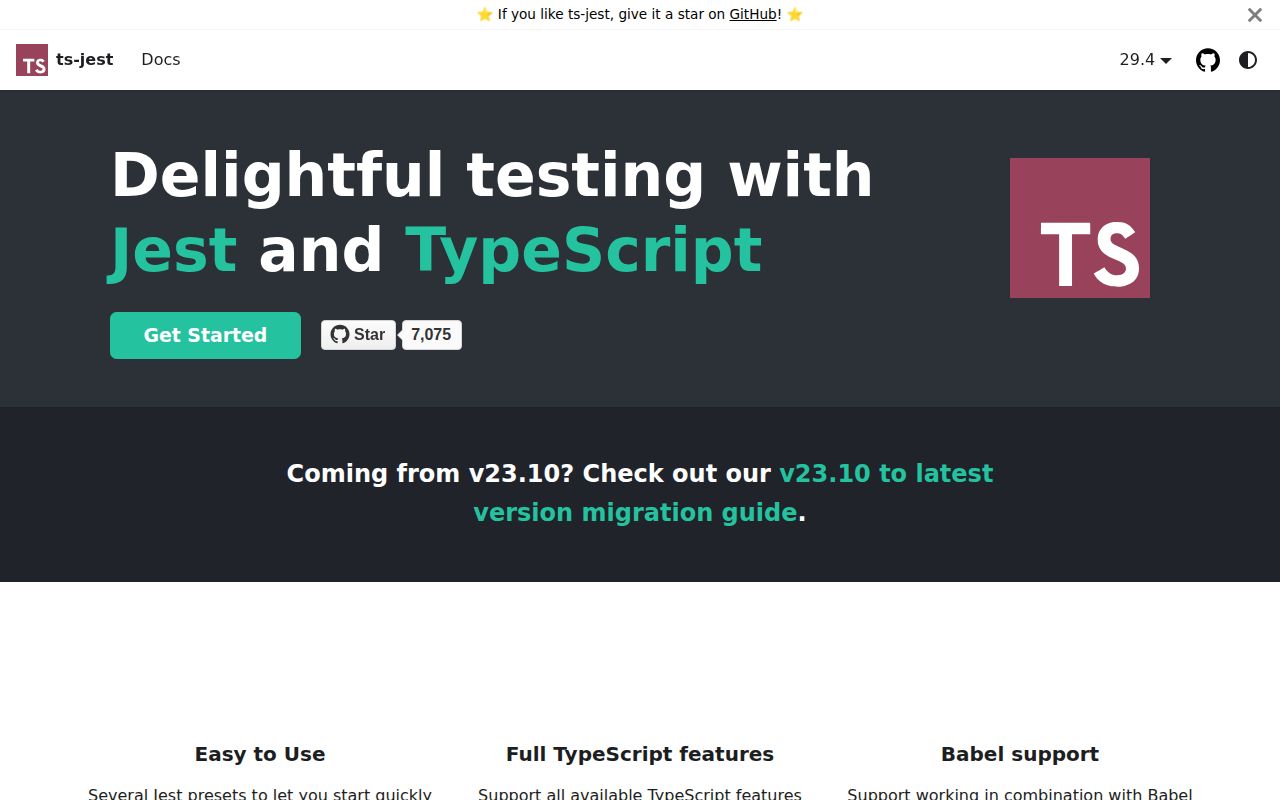 Screenshot of ts-jest documentation