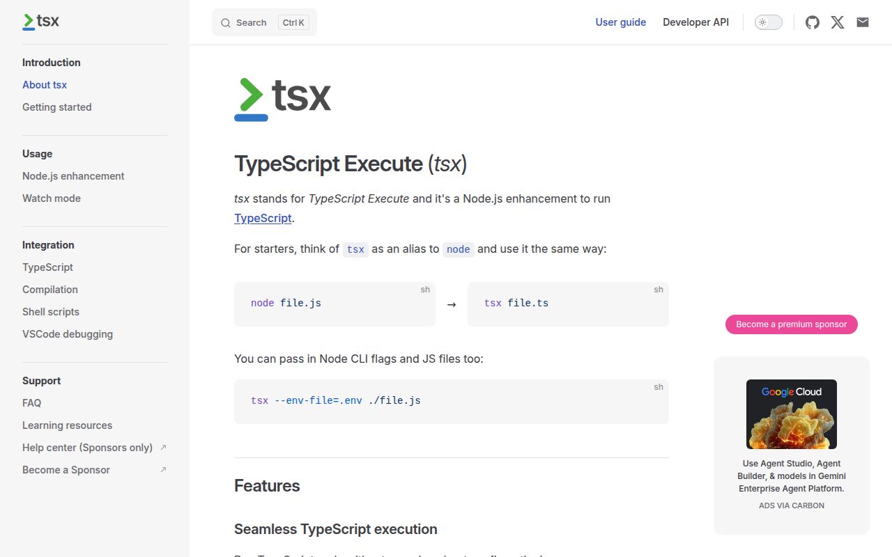 Screenshot of tsx documentation