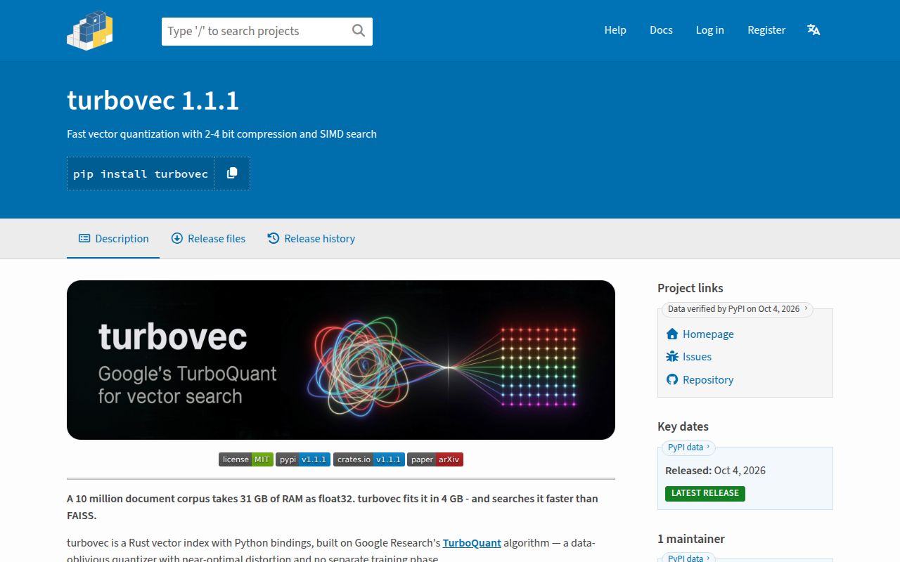 Screenshot of turbovec (pypi.org/project/turbovec)