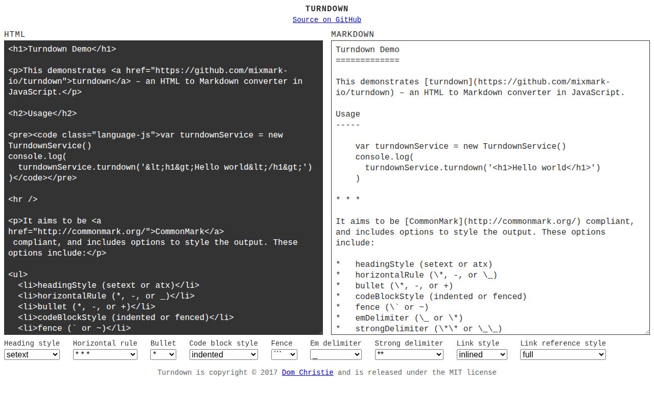 Screenshot of turndown documentation