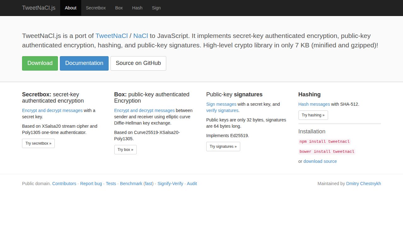 Screenshot of tweetnacl documentation