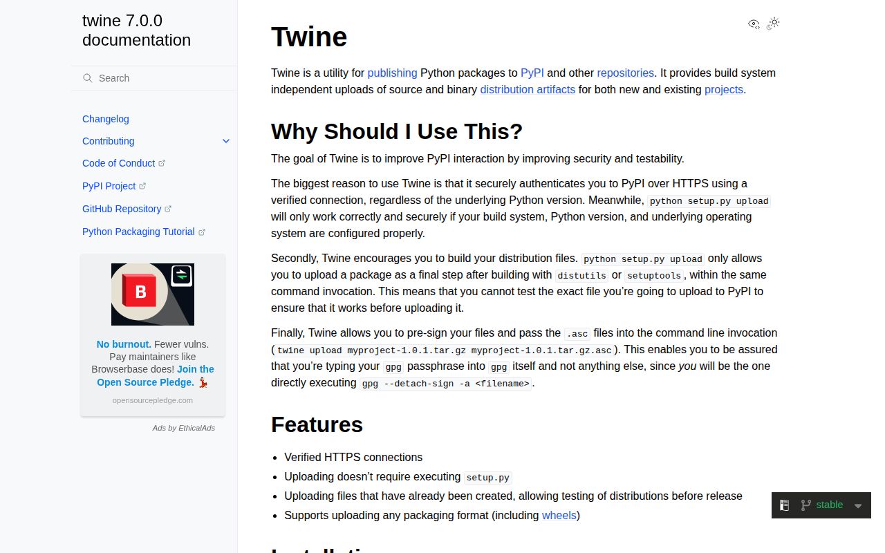 Screenshot of twine documentation