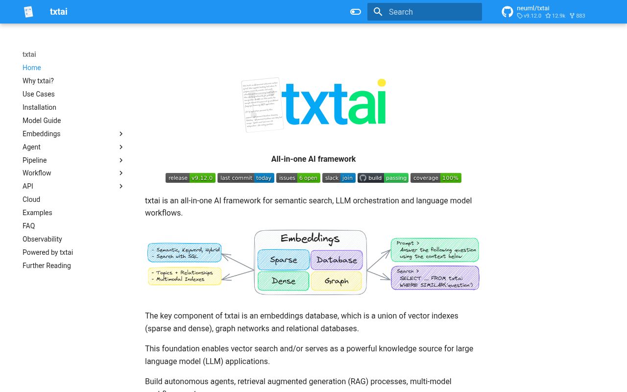 Screenshot of txtai (neuml.github.io/txtai)