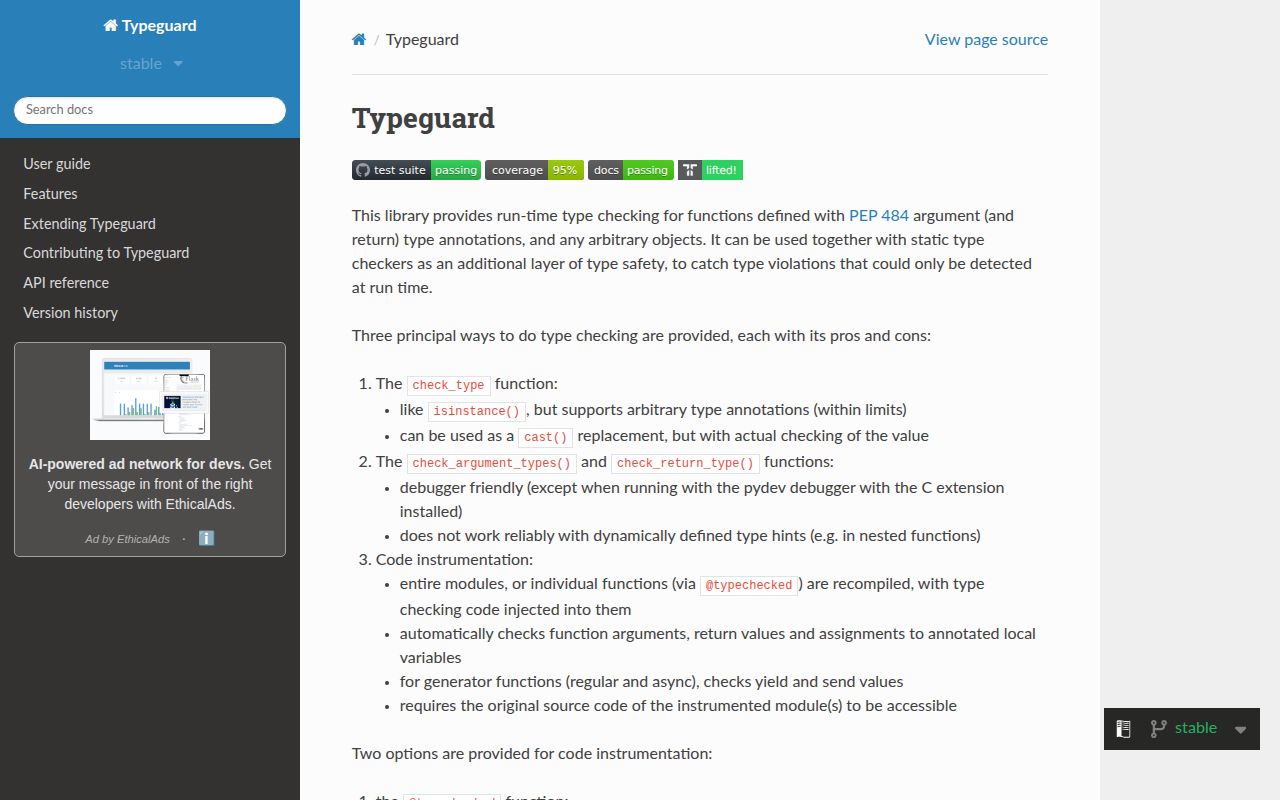 Screenshot of typeguard documentation