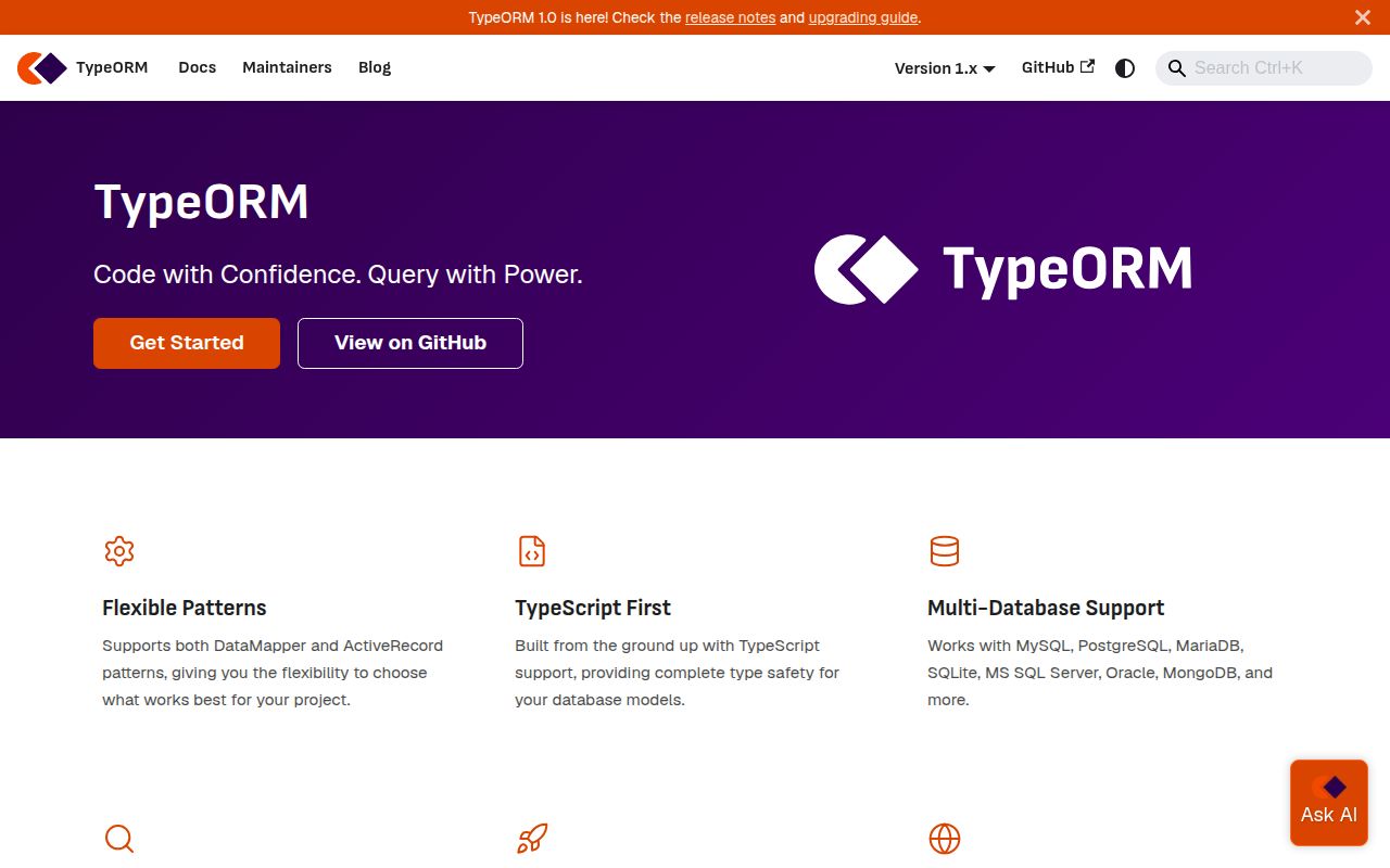 Screenshot of typeorm (typeorm.io)