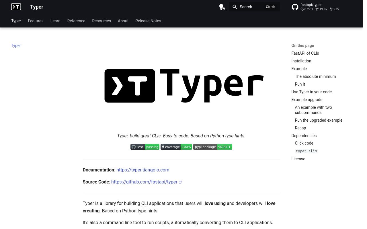 Screenshot of typer documentation