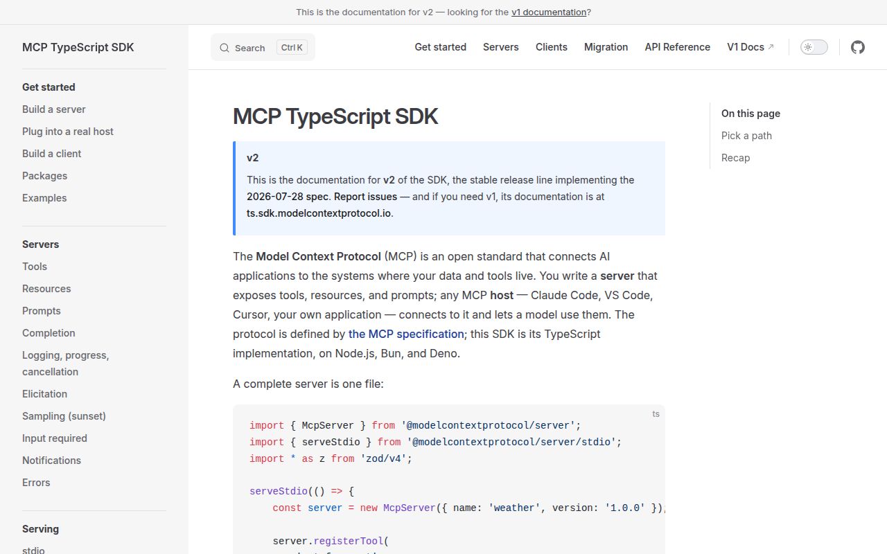 Screenshot of typescript-sdk (ts.sdk.modelcontextprotocol.io/v2)