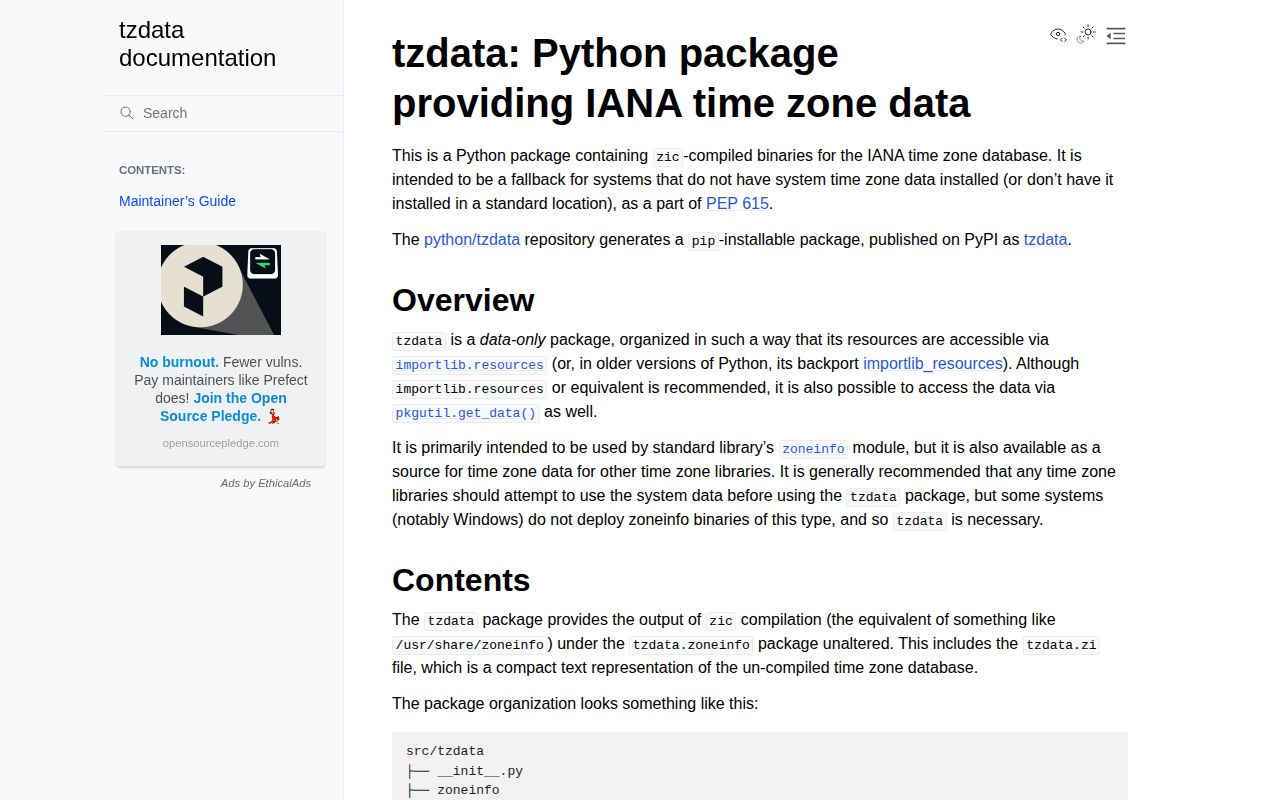 Screenshot of tzdata documentation