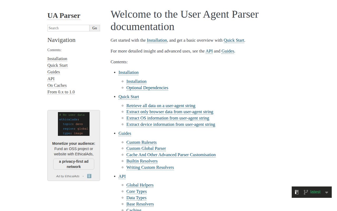 Screenshot of ua-parser documentation
