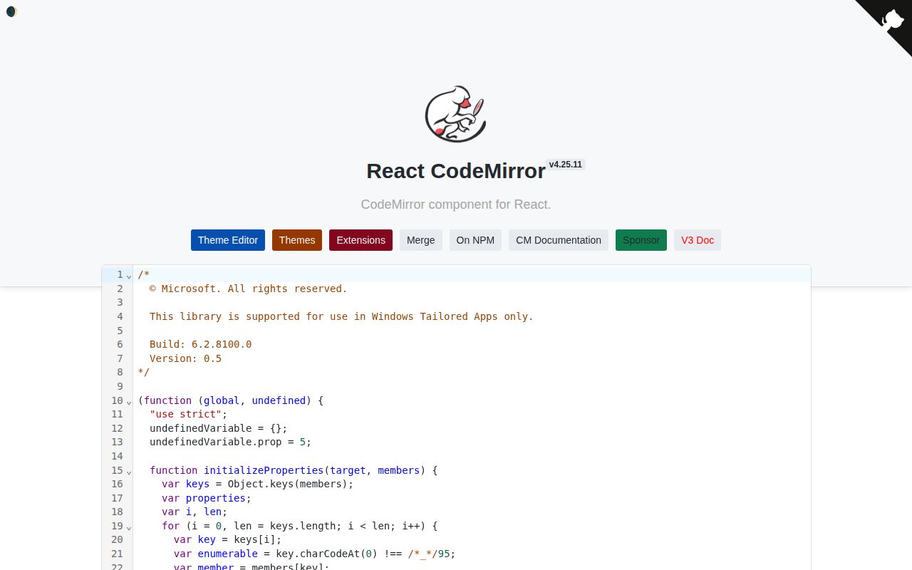 Screenshot of @uiw/react-codemirror documentation