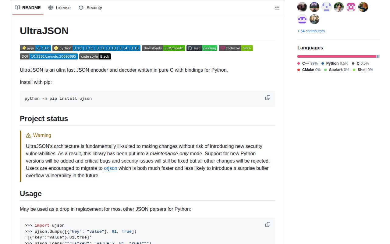 Screenshot of ujson documentation