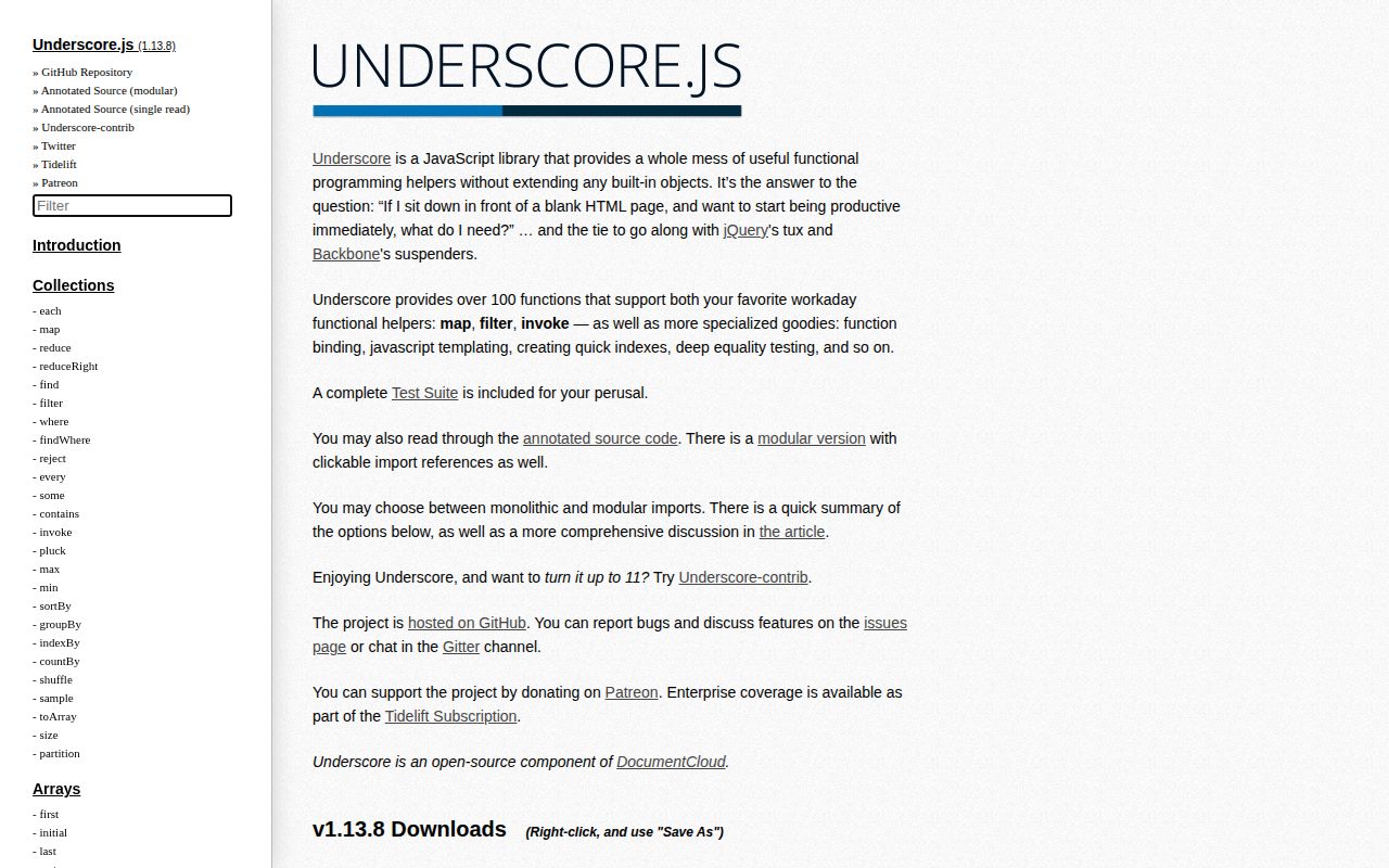 Screenshot of underscore documentation