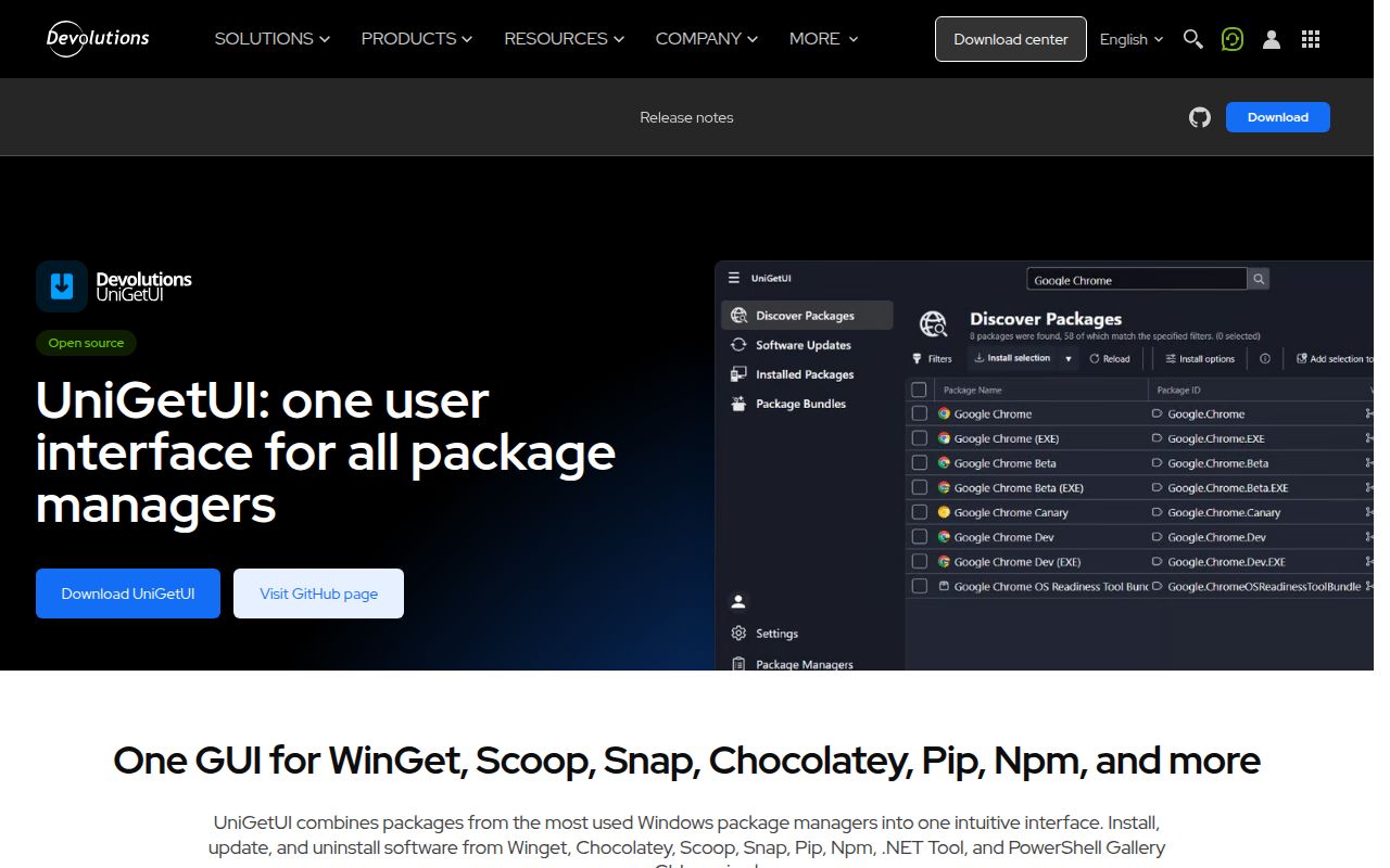 Screenshot of UniGetUI (devolutions.net/unigetui)