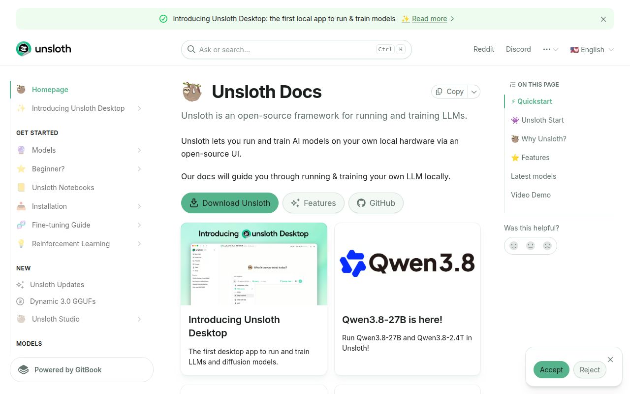 Screenshot of unsloth (unsloth.ai/docs)
