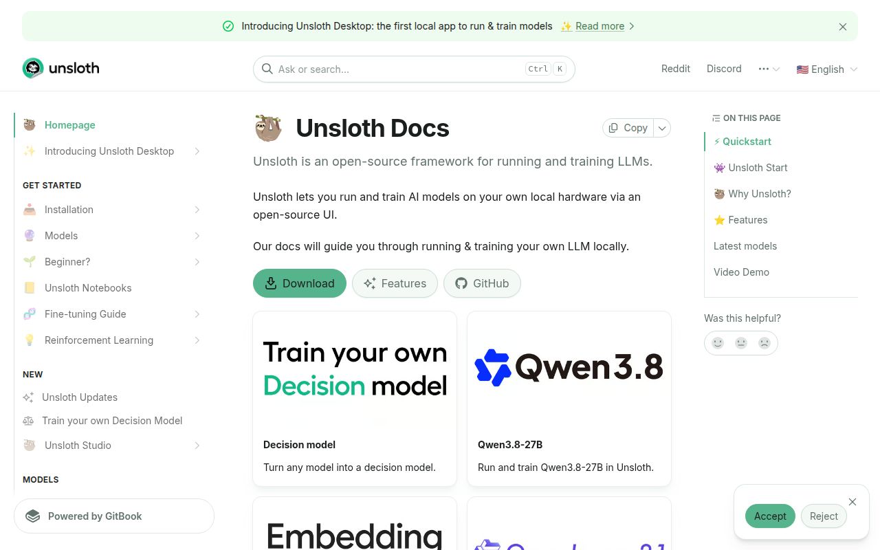 Screenshot of unsloth (unsloth.ai/docs)