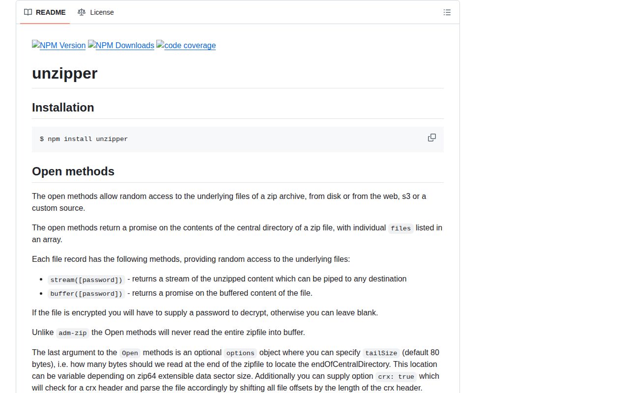 Screenshot of unzipper documentation