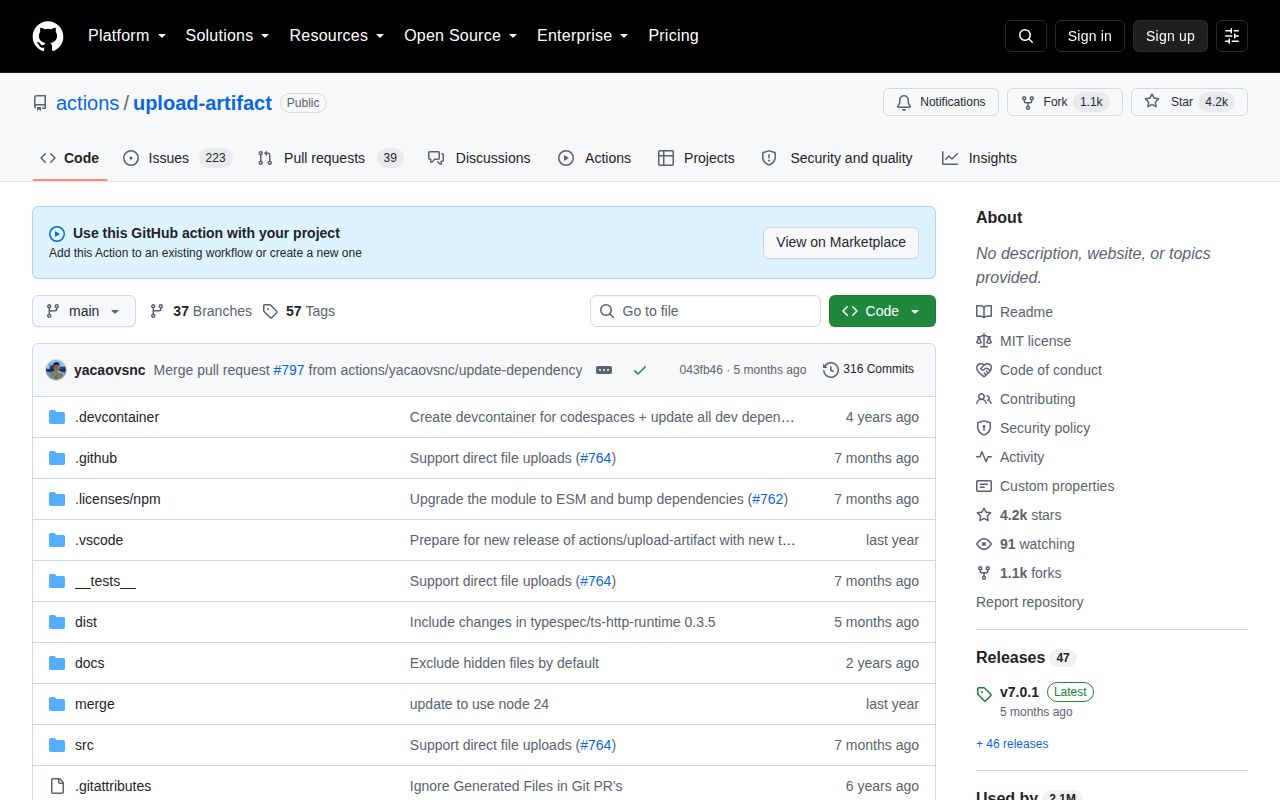 Screenshot of upload-artifact (github.com/actions/upload-artifact)